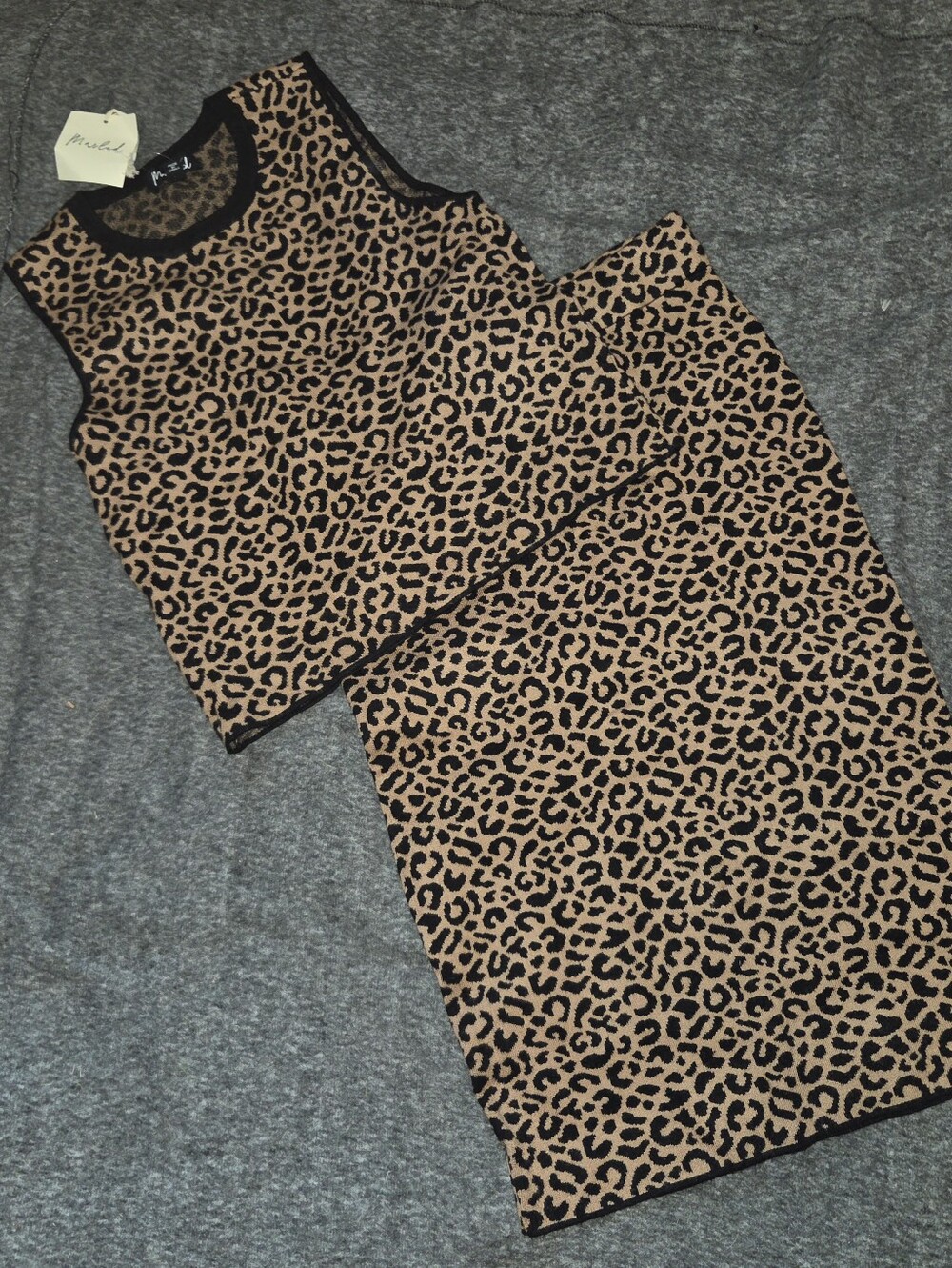 Marled Anthropologie Sleeveless Sweater Skirt Set Tan Black Leopard  NWT